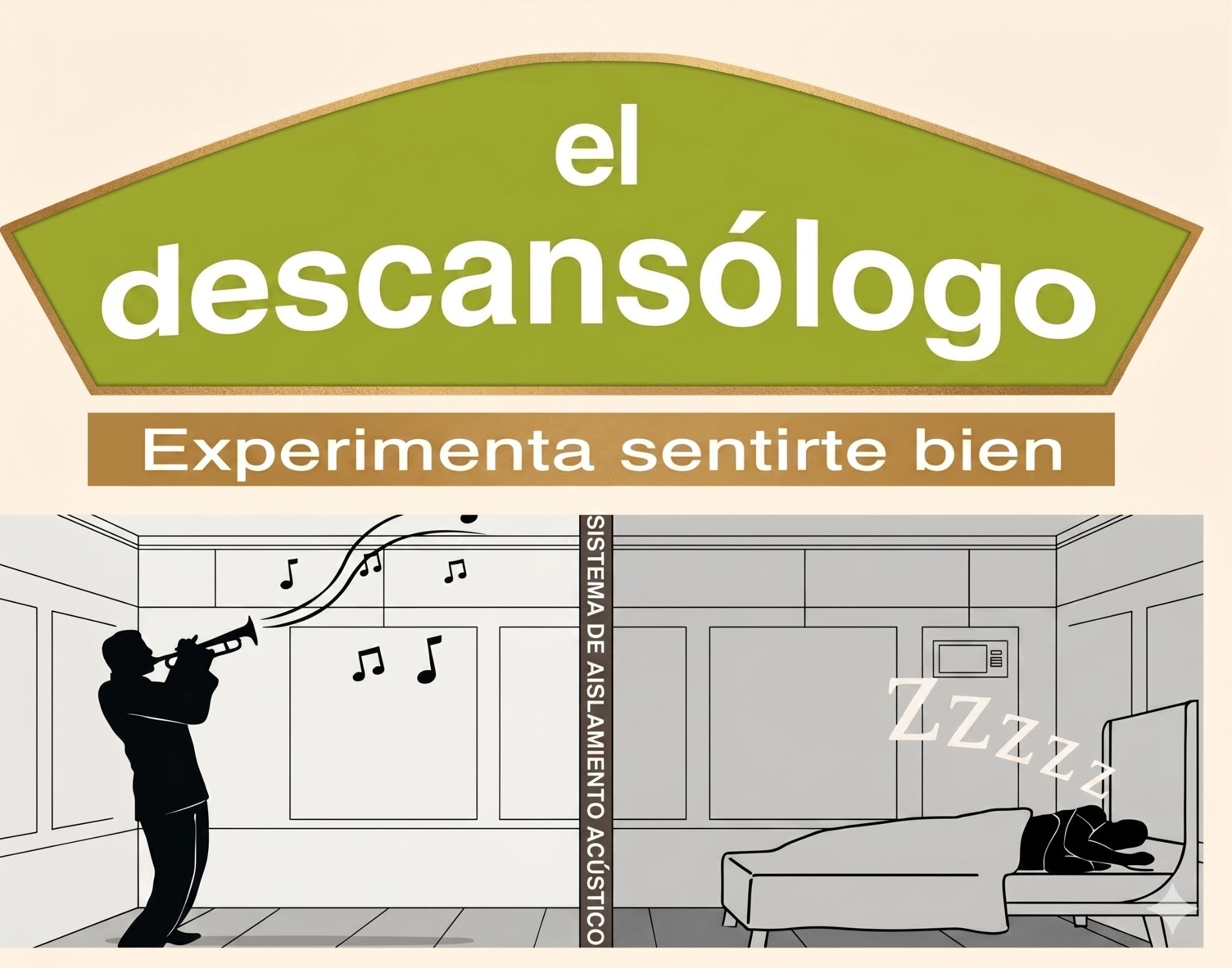 Logotipo de El Descansólogo con el lema “Experimenta sentirte bien” y una ilustración sobre aislamiento acústico para mejorar el descanso
